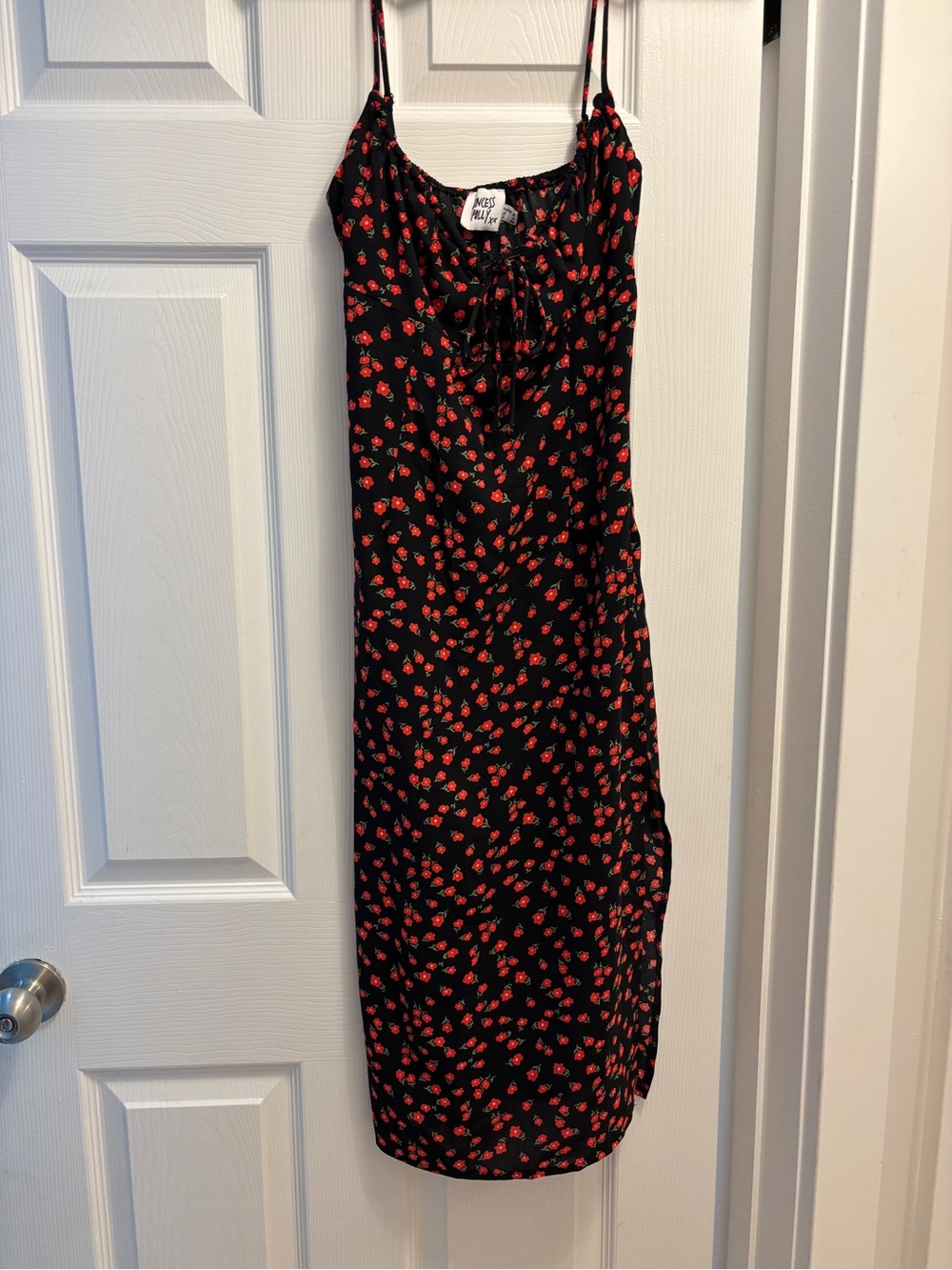 Princess Polly Black Midi Slip Dress with Red Floral Print
